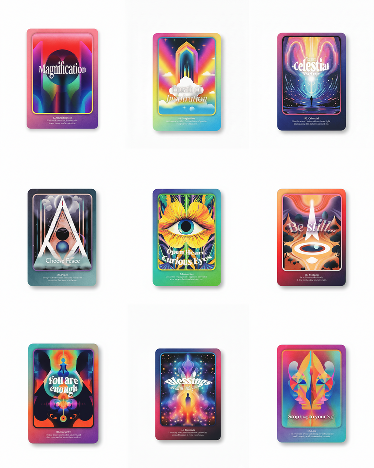 Set of colorful tarot cards with various designs and text on a white background